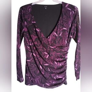 Apt. 9 Purple and Black Floral Blouse Long Sleeve Rouched Size L Dark Fairy